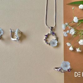 Елегантен сребърен комплект с цветя от седеф